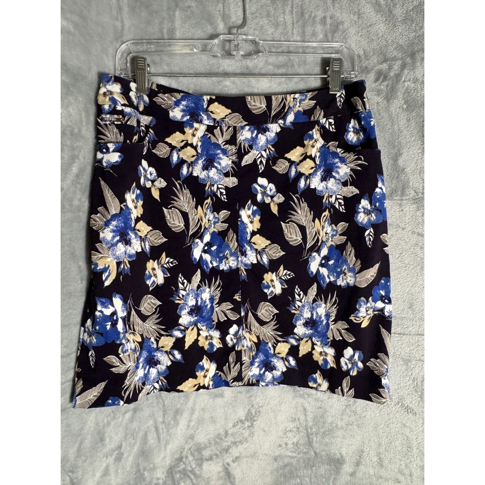 Renuar Floral Mini Skirt Blue White Tan Botanical Print Pockets Womens Size 10